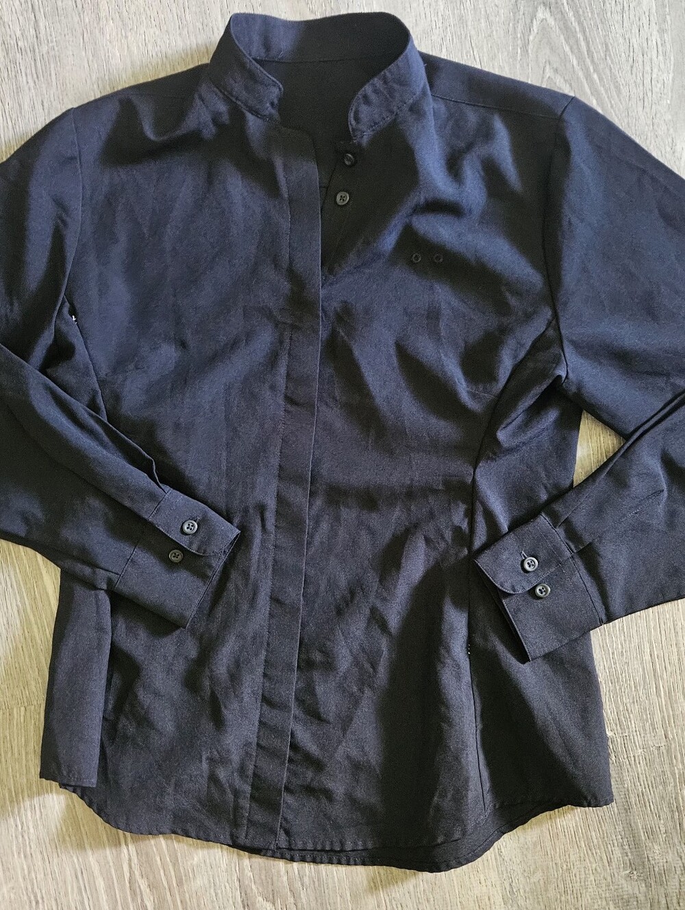 Minimalist Black Mandarin Collar Shirt Sleek Tailored Button Up Top S